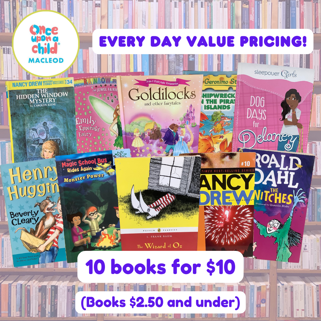 10 assorted children's books are laid on a purple background.